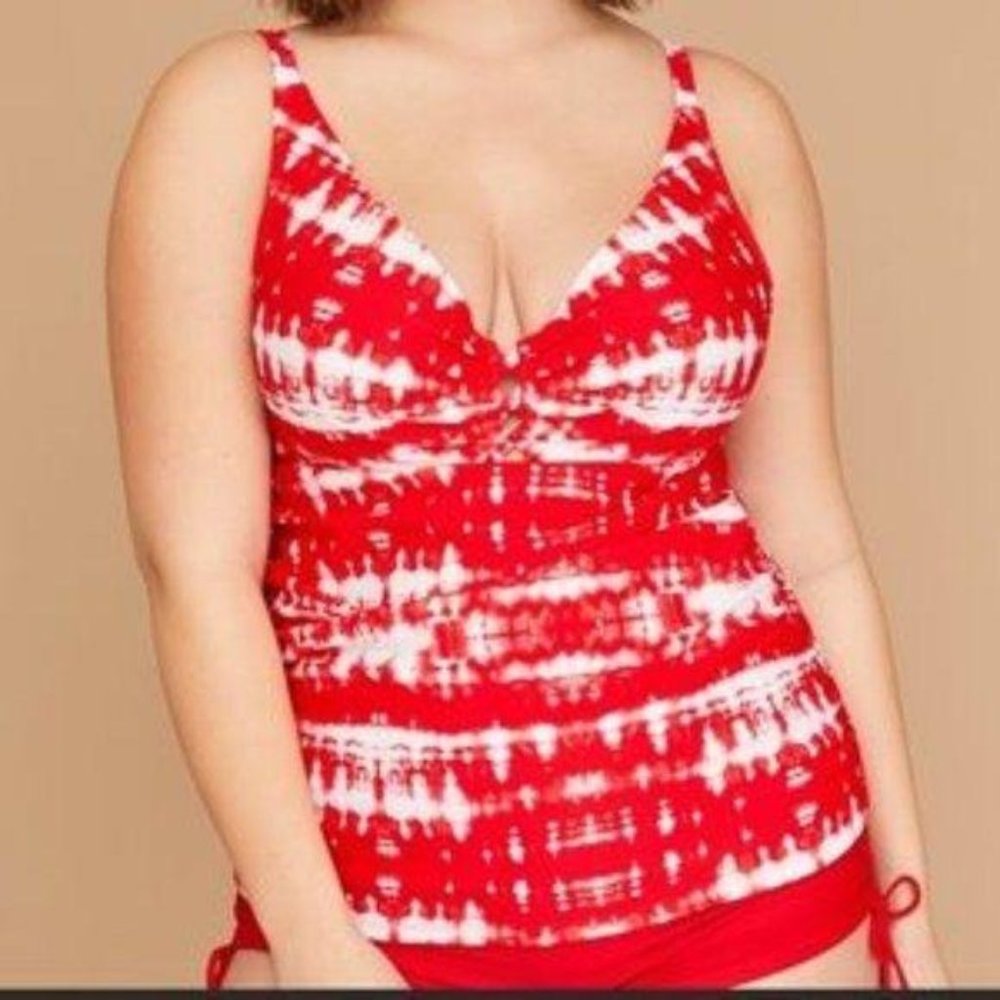 CACIQUE Tankini Top Swim Tie Dye Red White 38F